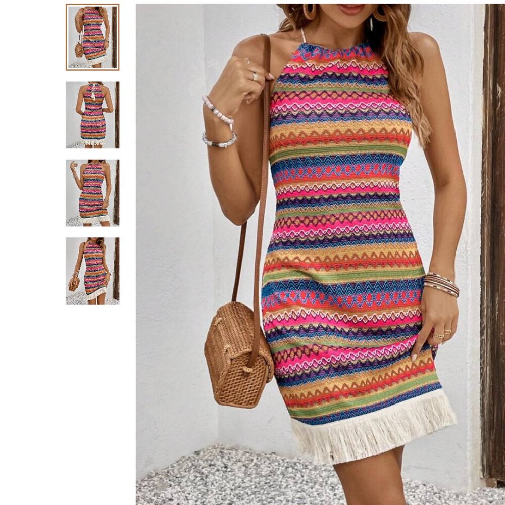 *Emery Rose Chevron Print Fringe Hem Halter Dress